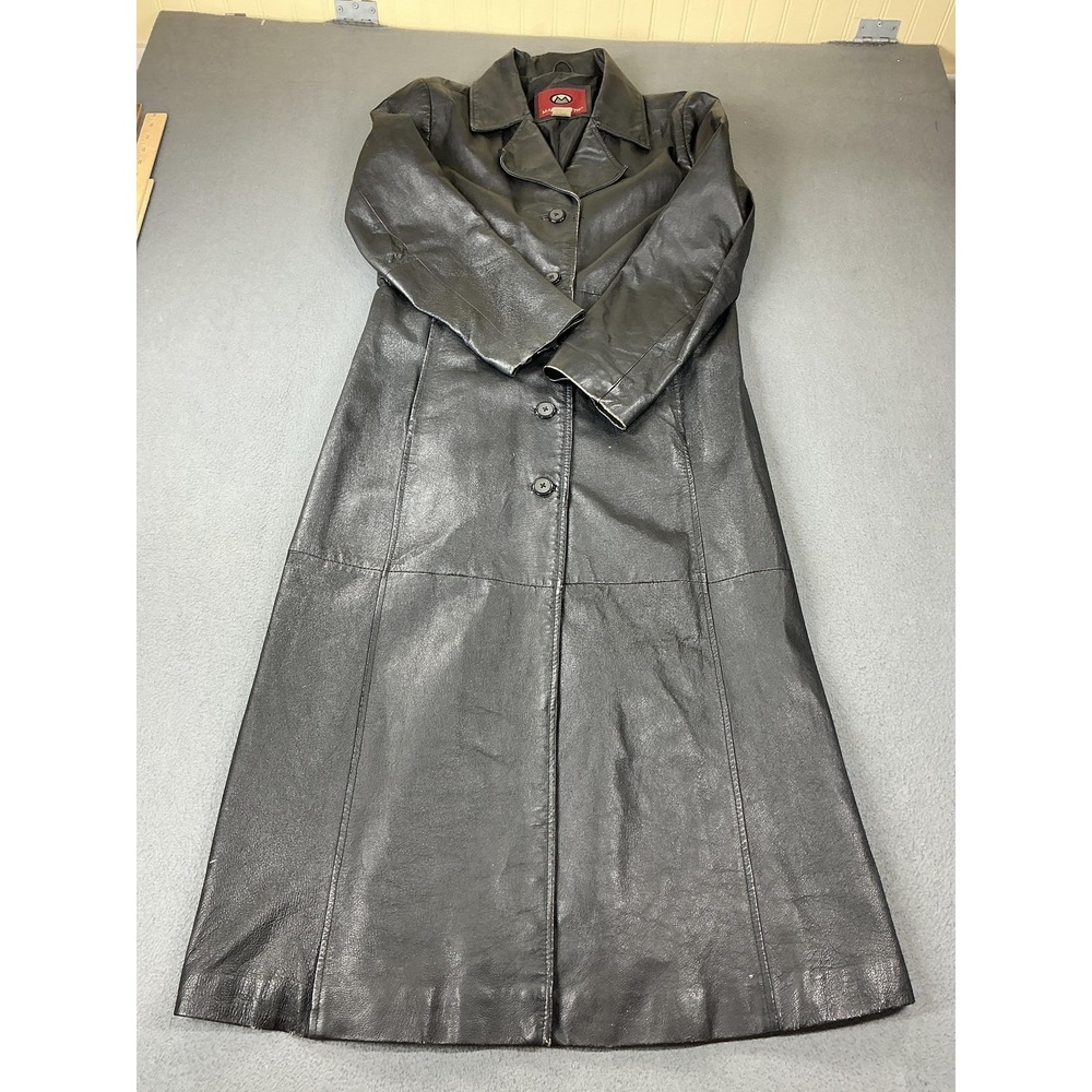 Marc Mattis Coat Womens Petite Medium Black Leather Long Trench Button Front